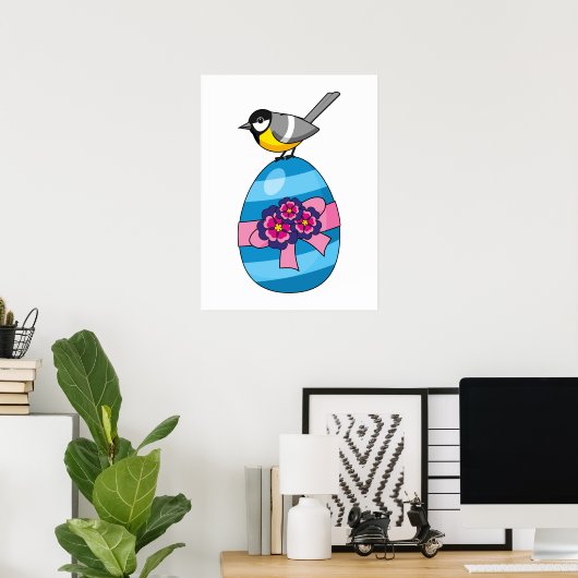 Cartoon Great Tit with Easter Egg ポスター (ホームオフィス)