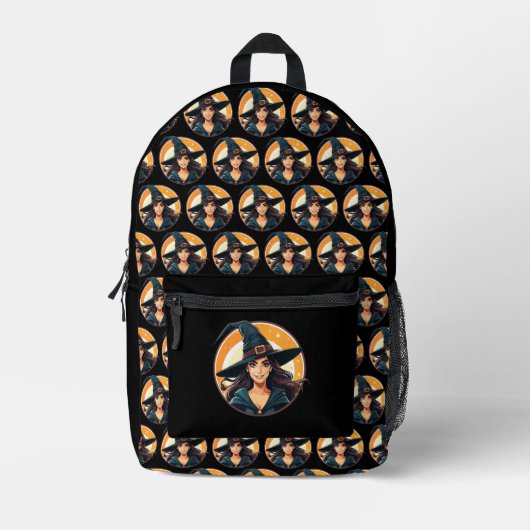 Cartoon halloween witch portrait プリントバックパック (正面)