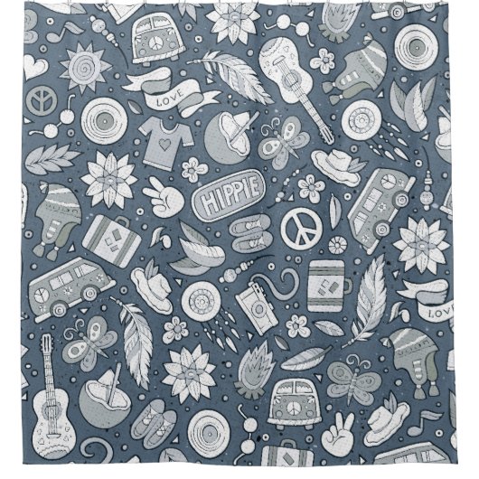 Cartoon hand drawn hippie doodles seamless pattern シャワーカーテン (正面)