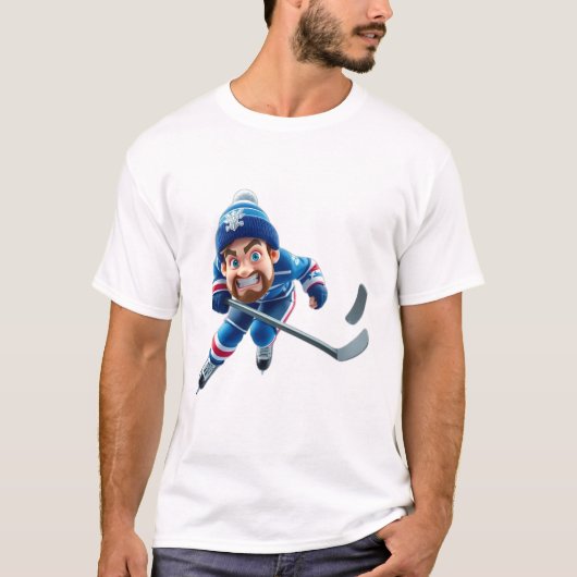 Cartoon Hockey Player Skating with Intense Express Tシャツ (正面)