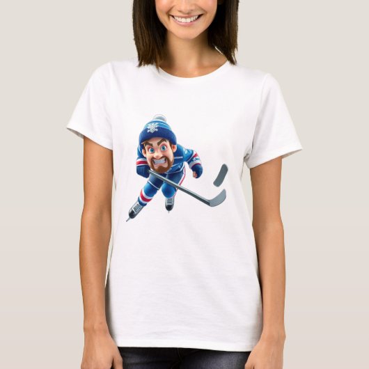 Cartoon Hockey Player Skating with Intense Express Tシャツ (正面)