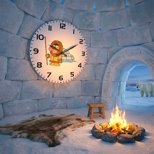 Cartoon Inuit Eskimo with Spear and Igloo ラージ壁時計