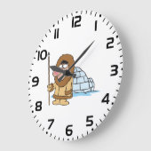 Cartoon Inuit Eskimo with Spear and Igloo ラージ壁時計 (傾斜)