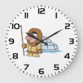 Cartoon Inuit Eskimo with Spear and Igloo ラージ壁時計 (正面)