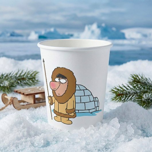 Cartoon Inuit Eskimo with Spear and Igloo 紙コップ