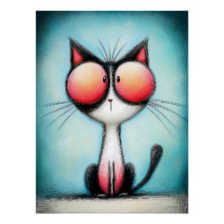 Cartoon Katze mit riesigen roten Augen ポスター