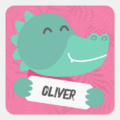 Cartoon Krokodil mit Namensschild - pink スクエアシール (正面)