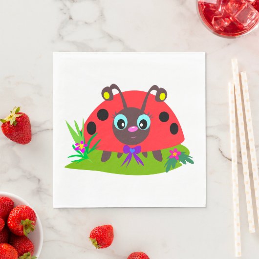 Cartoon Ladybug Bow and Flowers スタンダードランチョンナプキン
