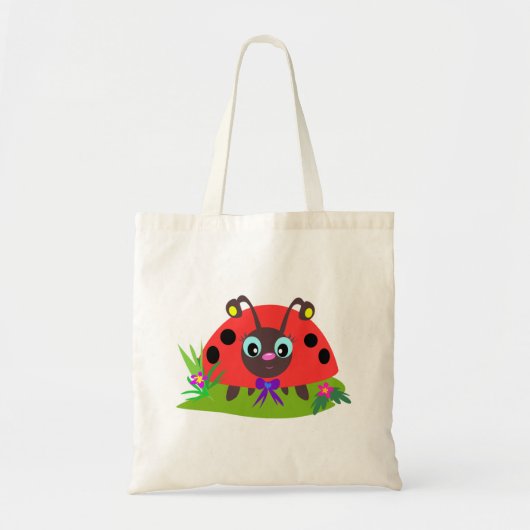 Cartoon Ladybug Bow and Flowers トートバッグ (正面)