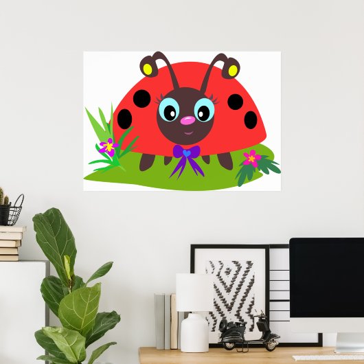 Cartoon Ladybug Bow and Flowers ポスター (ホームオフィス)