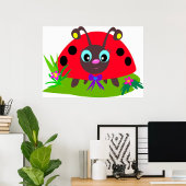 Cartoon Ladybug Bow and Flowers ポスター