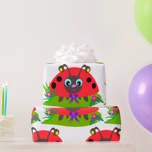 Cartoon Ladybug Bow and Flowers ラッピングペーパー