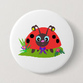 Cartoon Ladybug Bow and Flowers 缶バッジ (正面)