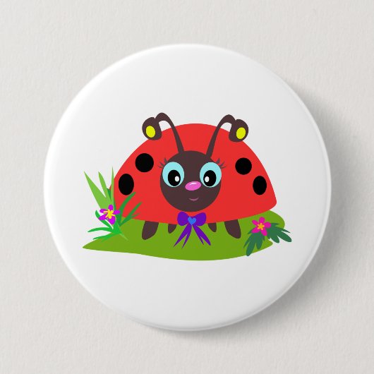 Cartoon Ladybug Bow and Flowers 缶バッジ (正面)