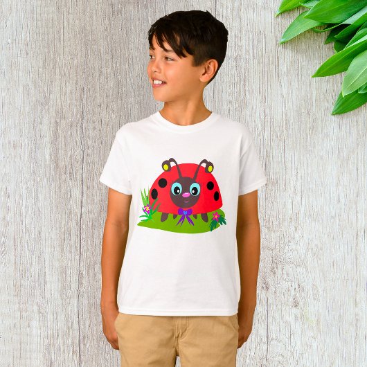 Cartoon Ladybug Bow and Flowers Tシャツ