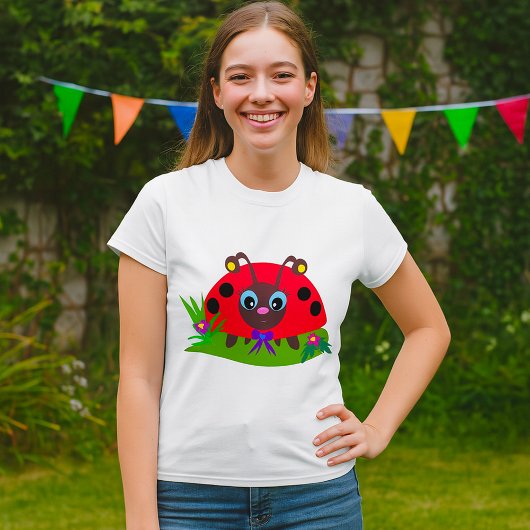 Cartoon Ladybug Bow and Flowers Tシャツ