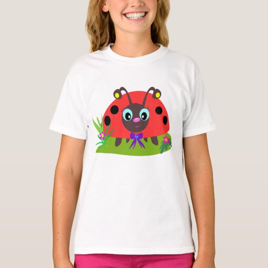 Cartoon Ladybug Bow and Flowers Tシャツ (正面)