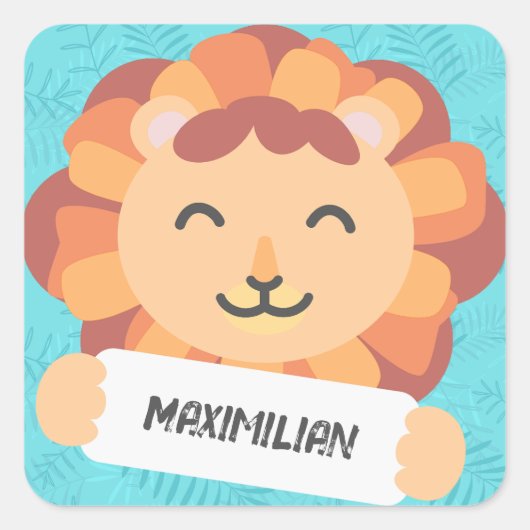 Cartoon Löwe mit Namensschild - blau スクエアシール (正面)