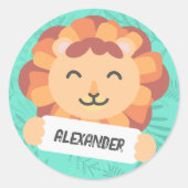 Cartoon Löwe mit Namensschild - grün ラウンドシール (正面)