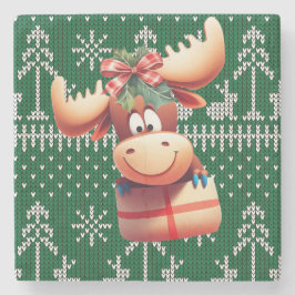 Cartoon Moose on Green Knitted Pattern ストーンコースター