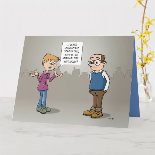 Cartoon; morgen heb ik een Corona test.  カード (黄色い花)