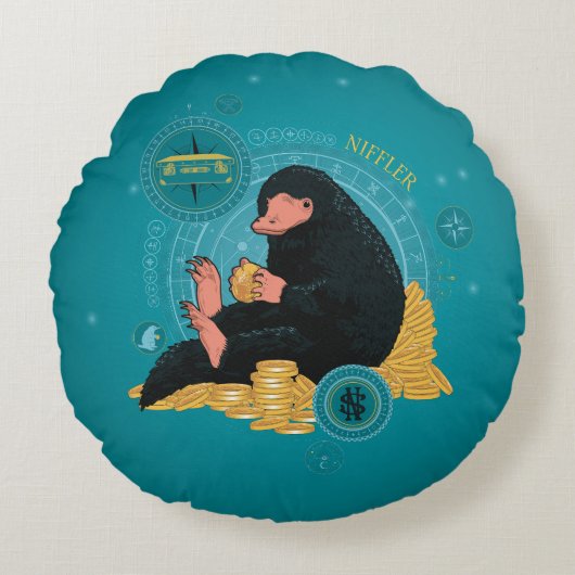 Cartoon NIFFLER™と金ゴールドコイン ラウンドクッション (正面)