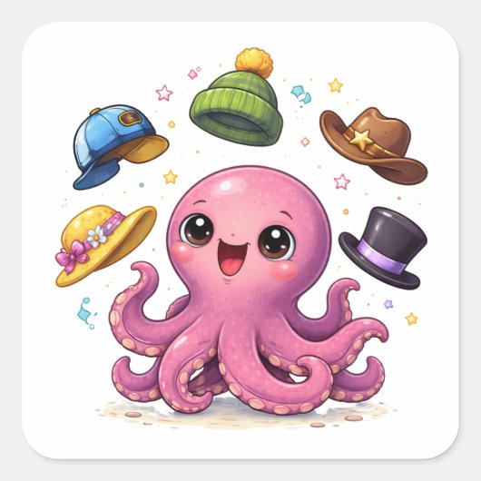 Cartoon octopus juggling hats Sticker スクエアシール (正面)