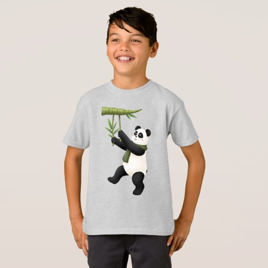 Cartoon Panda - Playful Panda with Bamboo Tシャツ (正面フル)