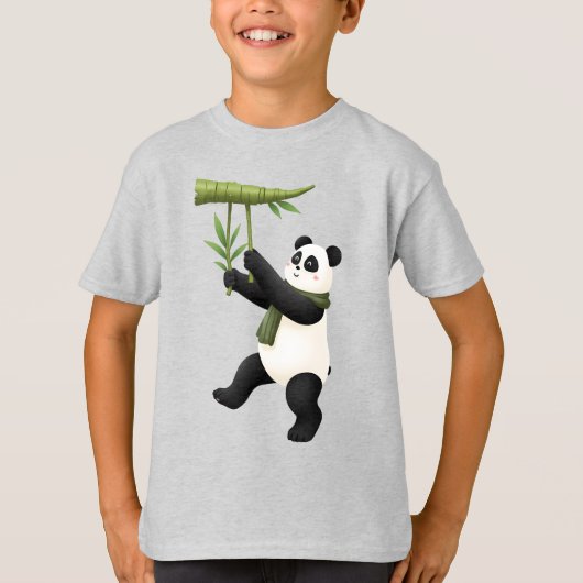 Cartoon Panda - Playful Panda with Bamboo Tシャツ (正面)
