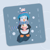 Cartoon Penguin with Hot Cocoa Blue Sticker スクエアシール