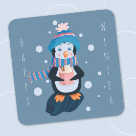 Cartoon Penguin with Hot Cocoa Blue Sticker スクエアシール