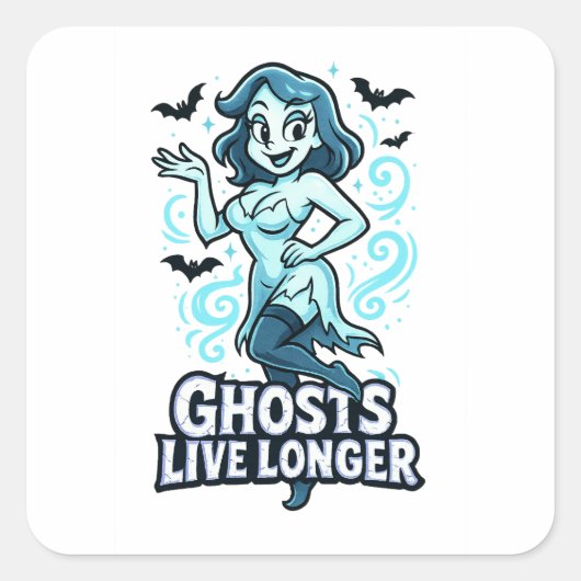 Cartoon Pin-Up Ghost – Ghosts Live Longer スクエアシール (正面)