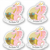 Cartoon pink dragon with treasure and text sticker シール (正面)