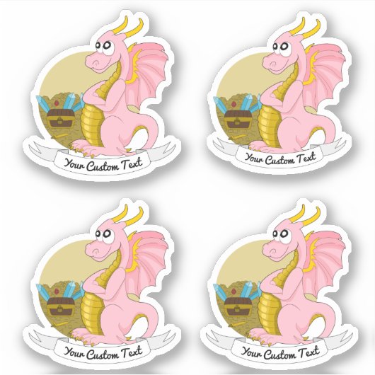 Cartoon pink dragon with treasure and text sticker シール (正面)