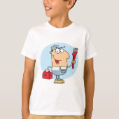 Cartoon Plumber Holding Pipe Wrench and Toolbox Tシャツ (正面)