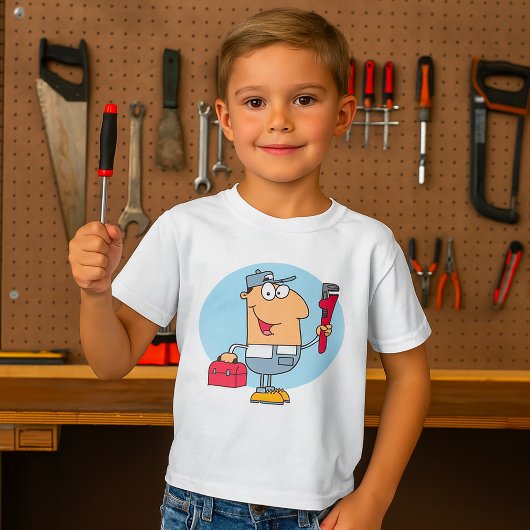 Cartoon Plumber Holding Pipe Wrench and Toolbox Tシャツ