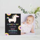 Cartoon Rainbow Unicorn誕生日招待状写真 招待状 (スタンド正面)