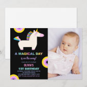 Cartoon Rainbow Unicorn誕生日招待状写真 招待状 (正面/裏面)