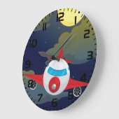 Cartoon Red Airplane Flying In Night Sky ラージ壁時計 (傾斜)