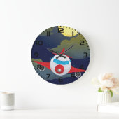 Cartoon Red Airplane Flying In Night Sky ラージ壁時計 (ホーム)