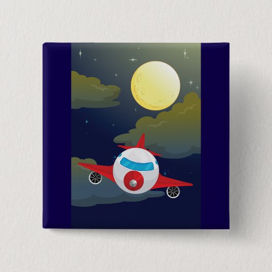 Cartoon Red Airplane Flying In Night Sky 缶バッジ (正面)