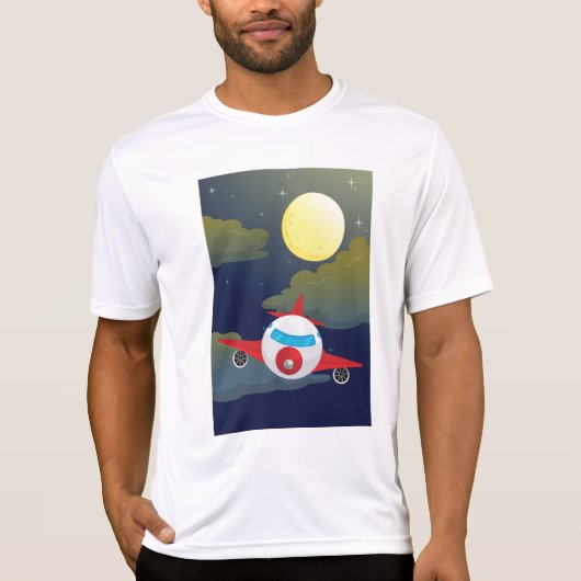 Cartoon Red Airplane Flying In Night Sky Tシャツ (正面)