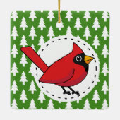 Cartoon Red Cardinal on Green White Pines Pattern セラミックオーナメント (裏面)
