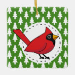 Cartoon Red Cardinal on Green White Pines Pattern セラミックオーナメント<br><div class="desc">Cartoon red cardinal bird on a green white pine trees pattern. Ideal gift for birds and nature lovers,  birdwatching fans and for christmas and winter holidays.</div>