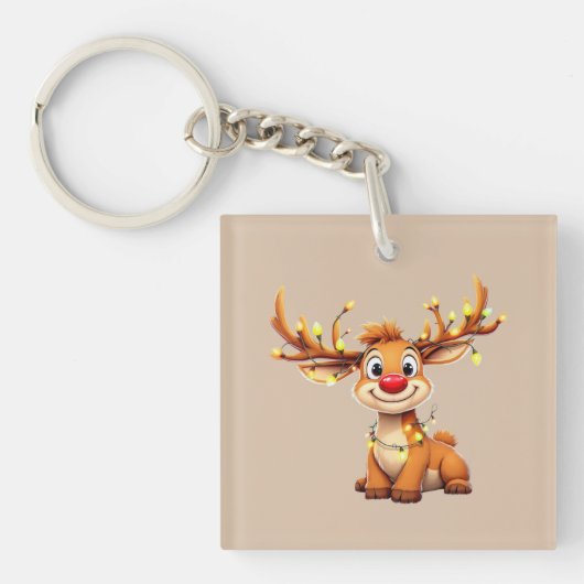 Cartoon reindeer with red nose and lights キーホルダー (正面)