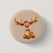 Cartoon reindeer with red nose and lights 缶バッジ (正面)