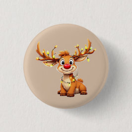 Cartoon reindeer with red nose and lights 缶バッジ