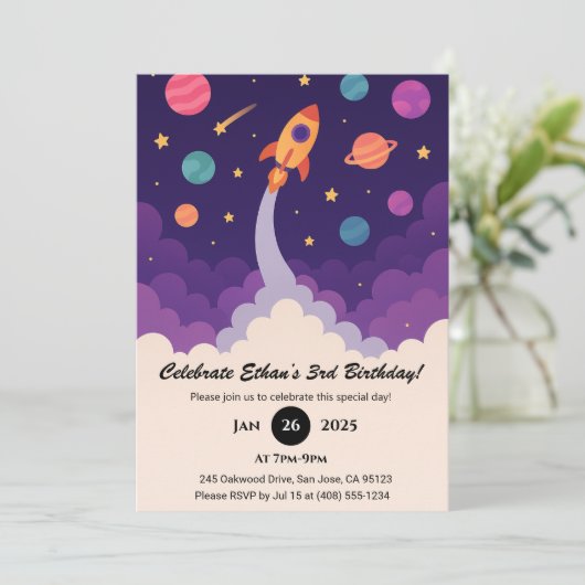 Cartoon Rocket & Colorful Galaxy Birthday  招待状 (スタンド正面)
