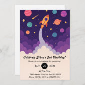Cartoon Rocket & Colorful Galaxy Birthday  招待状 (正面/裏面)