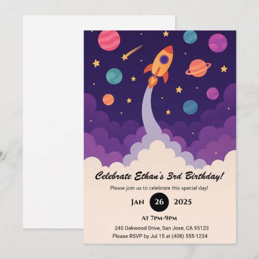 Cartoon Rocket & Colorful Galaxy Birthday  招待状 (正面/裏面)